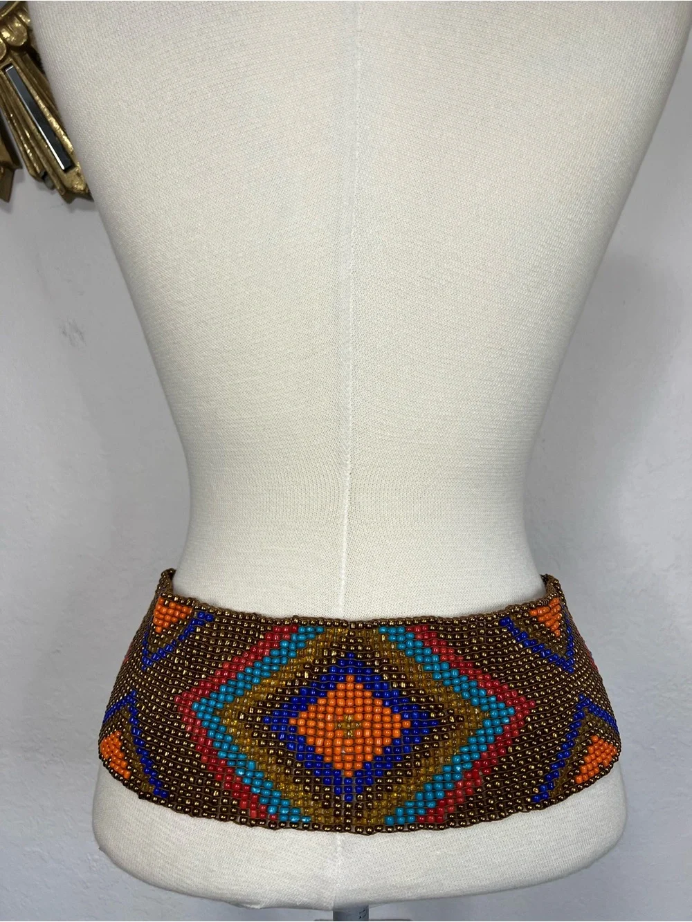 Handmade Beaded Multicolor Wide Waist Belt with Wooden Buckle